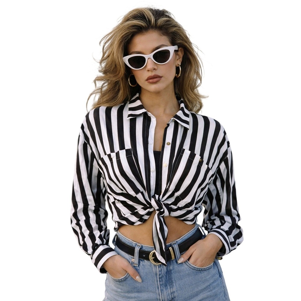 Vintage R. Co Black White Striped Pearl Button Down Cropped Shirt
